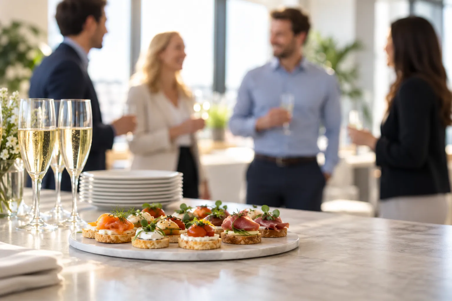 Canapéer og et glas bobler til firmafesten