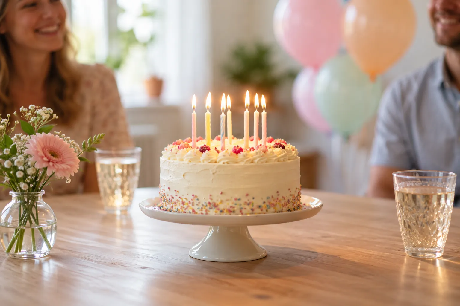 Fødselsdagskage med tændte lys og balloner til festen
