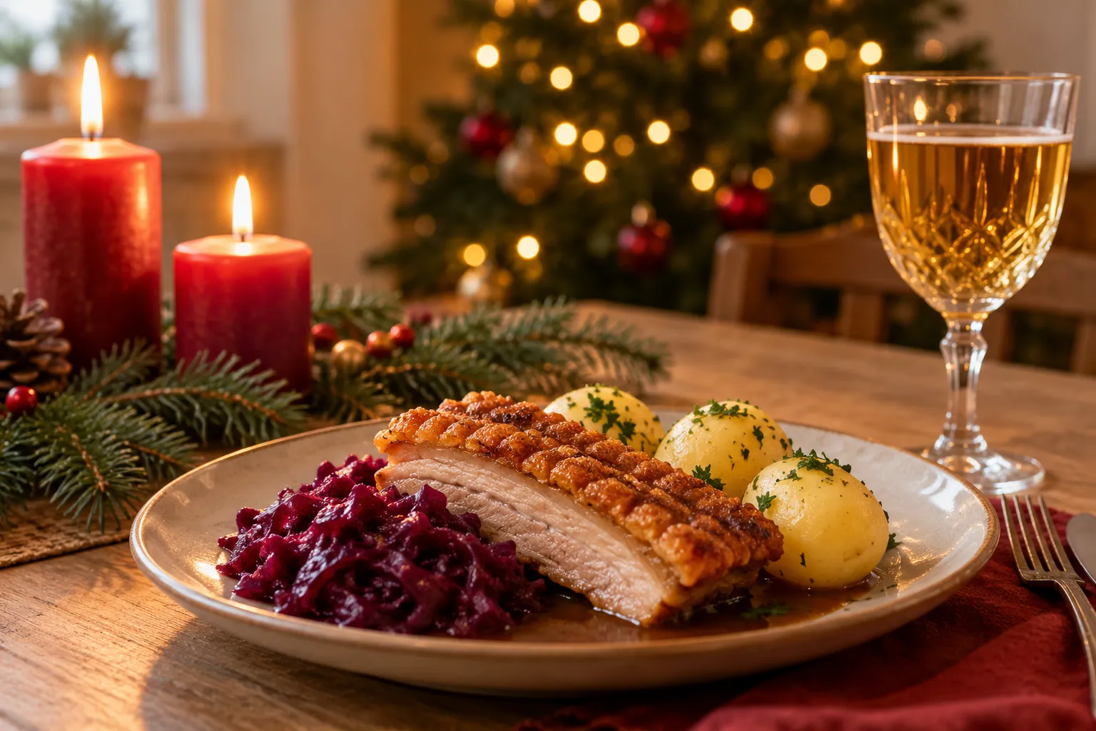 Julefrokost-tallerken med flæskesteg, rødkål og kartofler