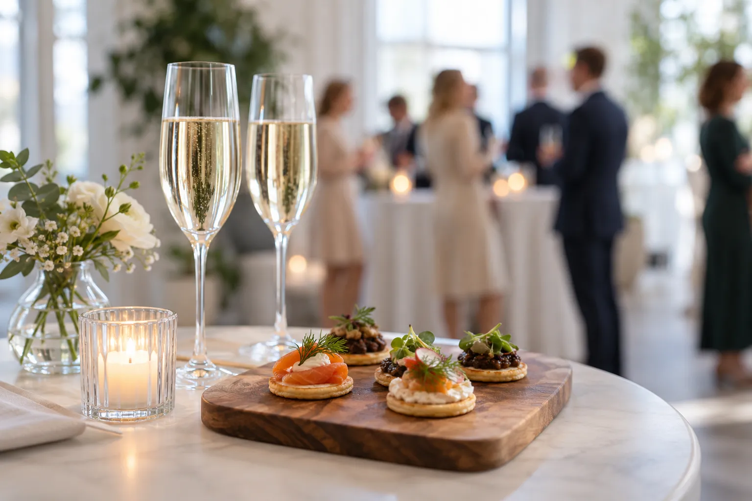 Canapéer på træbræt og et glas bobler til receptionen