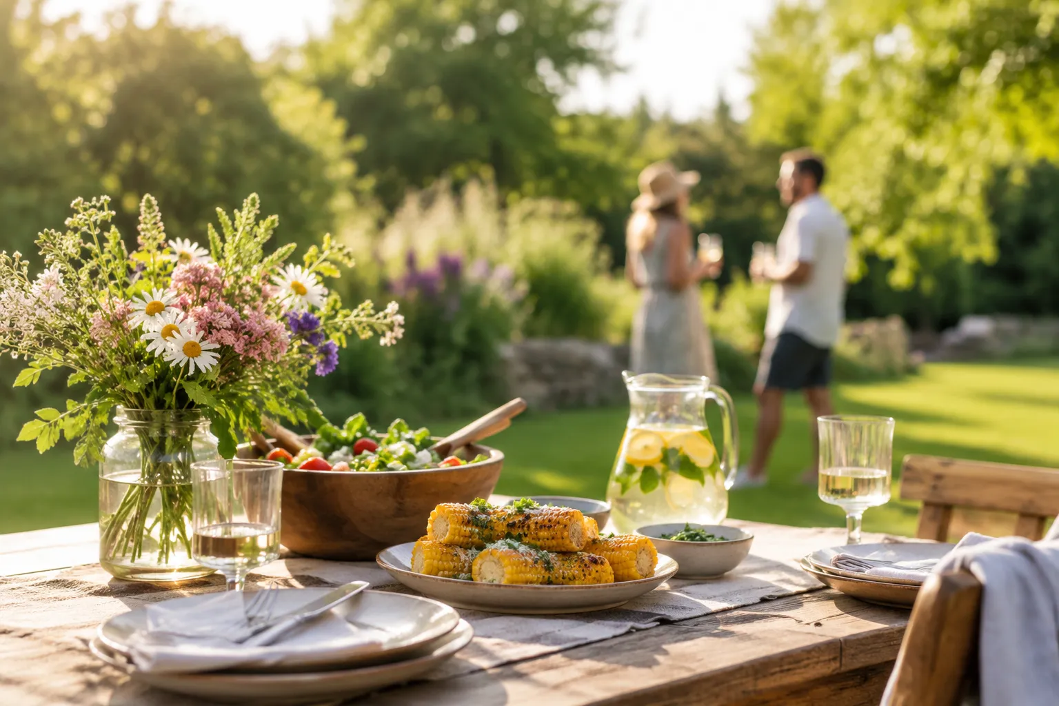 Sommerbord i haven med grillmajs, salat og hjemmelavet lemonade