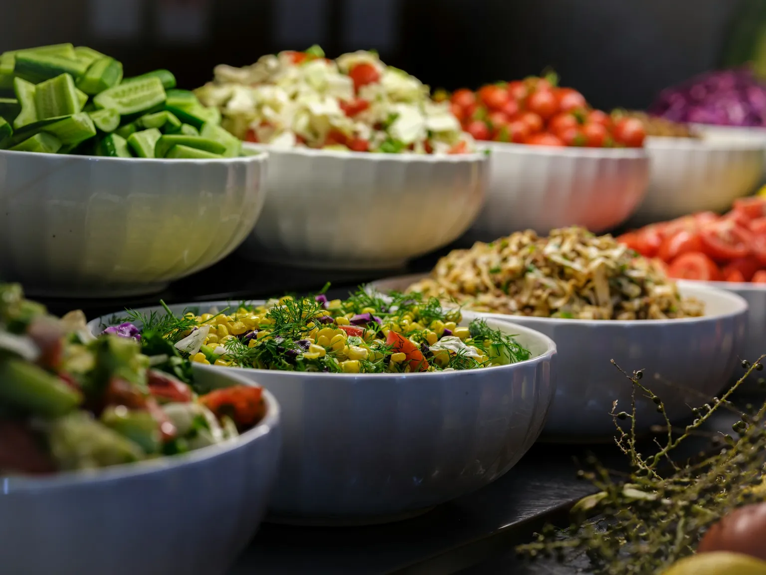 Friske salater i skåle klar til frokostbuffet