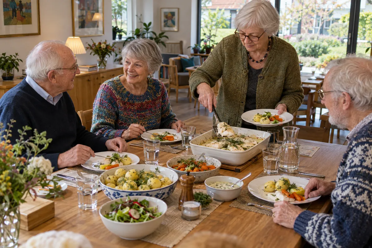 Fælles frokost i et dansk seniorbofællesskab