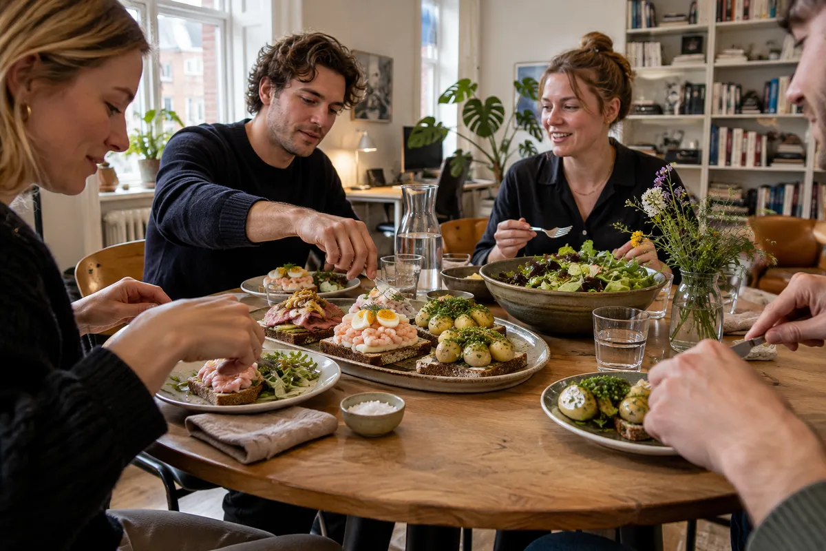 Frokostbord med klassisk dansk smørrebrød