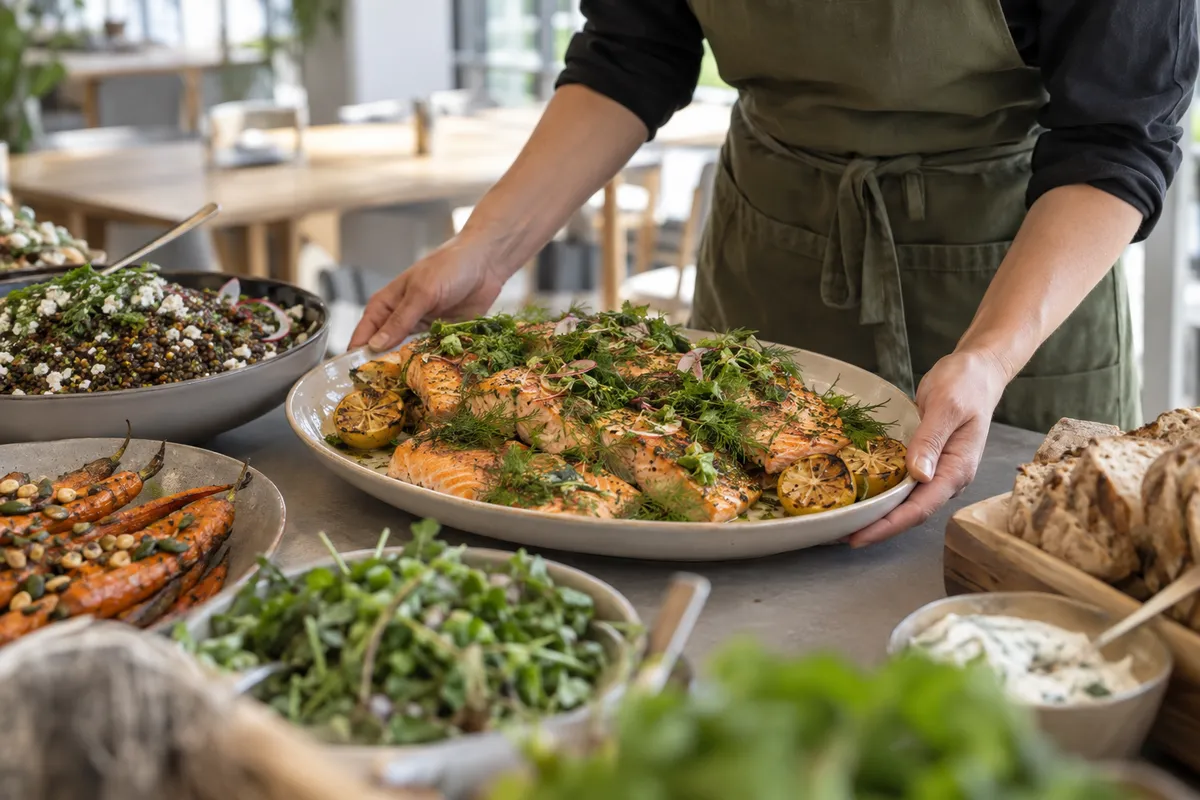 Frokostbuffet med ovnbagt laks og tilbehør