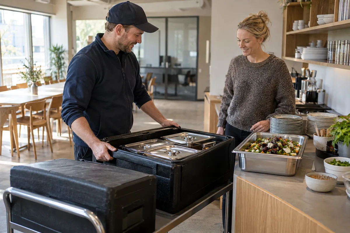 Frokostlevering, der ankommer klar til kontoret