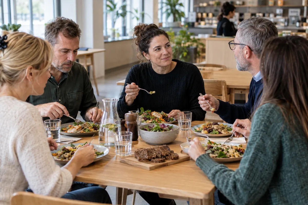 Kolleger til frokostpause i kantinen