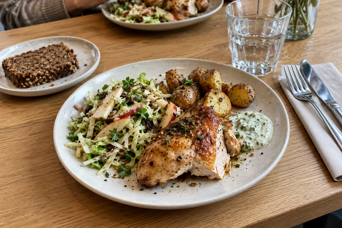 Dansk kantinefrokost med kylling og rugbrød på arbejdspladsen